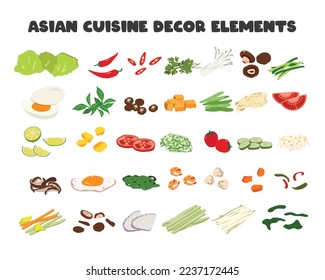 Set of Asian Food decor elements vector design clipart. Chili, vegetables, carrot, mushroom, lemon, tomato, egg, potato, enoki mushroom, tofu