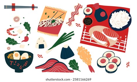 A set of asian food. Different asian meals: ramen, noodles, sushi, fried shrimps. 