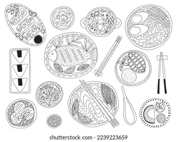 Set of Asian food dishes top view. Different kinds of Asian cuisine dishes vector set. Tom yum, onigiri, spring rolls, ramen and pad Thai noodles