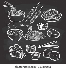 Set of Asian food doodle on chalkboard background