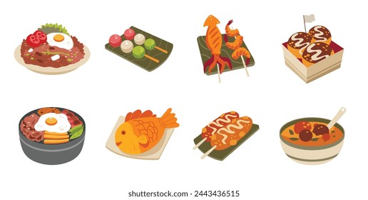 Set of asian food, flat design vector illustration, food dishes from Asian countries