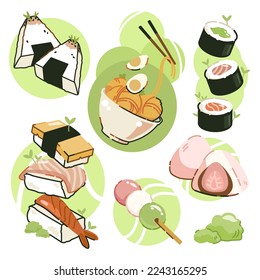 Set of asian food. Japanese dishes illustrations for cafes and restaurants