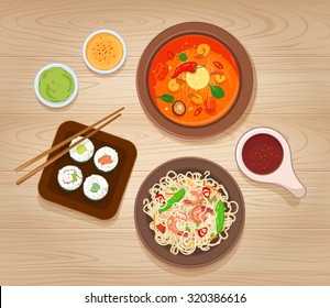 Set of asian food. Noodles with shrimp and vegetables, spicy soup, sushi and various sauces. Vector illustration