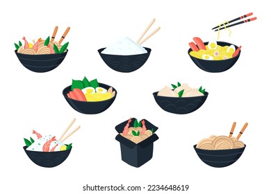 Ponga comida asiática sobre platos y palillos de madera con fideos. ilustración vectorial