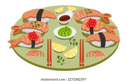 set of Asian food on table. Japanese Chinese food sushi, rolls, shrimp seafood, rice. Decorative design element for restaurant menu, sushi bar. Hand-drawn doodles.
