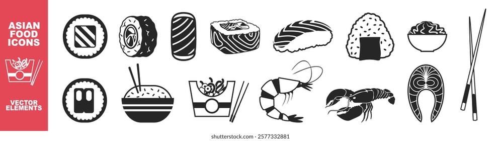 Set of asian food vector icons on transparent background. Sushi, miso soup, wok noodles. Asian traditional food vector illustration