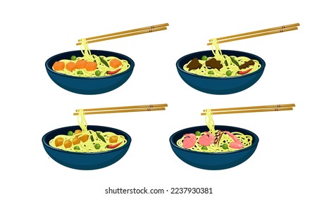 Set of Asian food wok noodles with salmon fish, chicken, beef, shrimps in a bowl front view