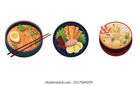 Set asian food.Ramen and sashimi. Vector illustration on white background.