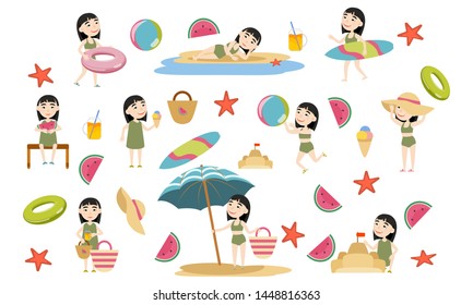 Set Asian girl in swimsuits on the beach. Summer holidays. Beach relax, games and surfing. Vector illustration