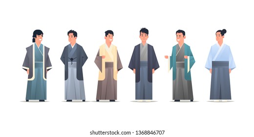 set asian guys wearing traditional clothes smiling men in national ancient costumes standing pose chinese or japanese male cartoon characters full length flat white background horizontal