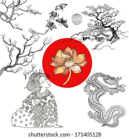 Set of asian hand drawn style decorative elements