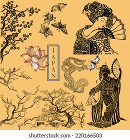 Set of asian hand drawn style decorative elements. Japanese woman.