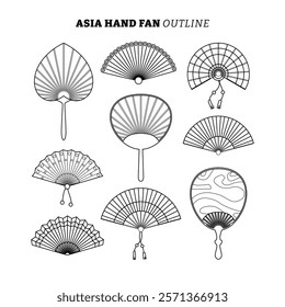 Set of Asian Hand Fa outline collection with line art style, Chinese Folding Paper, flat vector illustration.