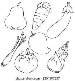 Set of Asian herb and fruit, isolated on white background for coloring book, education and food concepts. Simple hand drawn vector illustration