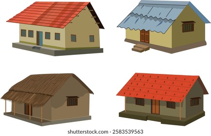 Set of Asian huts flat style vector illustration. Rural village cottage with thatched straw roof, hut with tile roof, collection of house icon	
