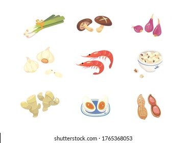 Set of asian ingredients. There are shallot, shiitake, garlic bulb, ginger, peanut, shrimp, egg and pearl barley.