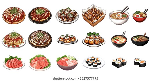 Set of Asian Japanese cuisine food. traditional meal cartoon vector collection. isolated on white.