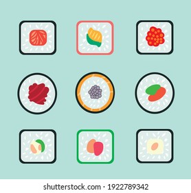 Set of Asian Japanese food rolls with different fillings