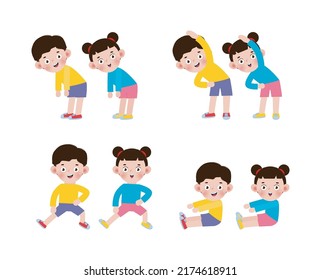 Set of Asian Kids Exercising, Children exercising ,child exercising , happy Kids Exercising cute cartoon flat design isolated on white background Vector Illustration.