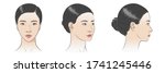 Set of Asian korean women portrait three dimension angles. Close-up vector line sketch. Different view front, profile side, three-quarter view of a girl face. Vector illustration
