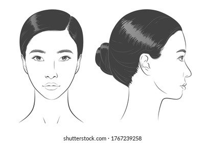 Set Of Asian Korean Women Portrait Two Dimension Angles. Different View Front, Profile Side View Of A Girl Face. Vector Line Sketch Illustration.