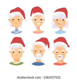 Set of asian male and female characters with Christmas hat. Cartoon style people icons. Holiday elderly  guys avatars. Flat illustration men and women faces. Hand drawn vector drawing portraits