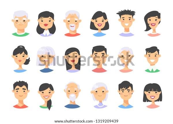 Set of asian male and female characters. Cartoon style elderly and