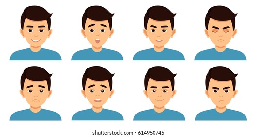 Set of asian man expressing facial emotions. Set of vector avatar flat design illustrations isolated on white background. Arab man set