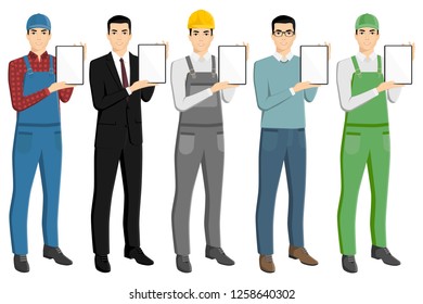 Set of asian men with a digital tablet. Foreman, businessman, engineer, casual, farmer. Isolated on white. Vector illustration