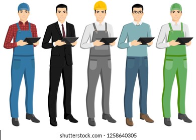 Set of asian men with a digital tablet. Foreman, businessman, engineer, casual, farmer. Isolated on white. Vector illustration