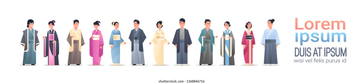 set asian men women wearing traditional clothes people in national ancient costumes standing pose chinese or japanese male female cartoon characters full length flat horizontal copy space