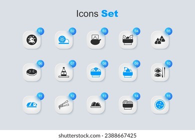 Set Asian noodles in bowl, Bottle of sake, Xiao long bao, Fish with sliced pieces, Homemade, Dumpling chopsticks, Kung Pao chicken and Chow mein plate icon. Vector