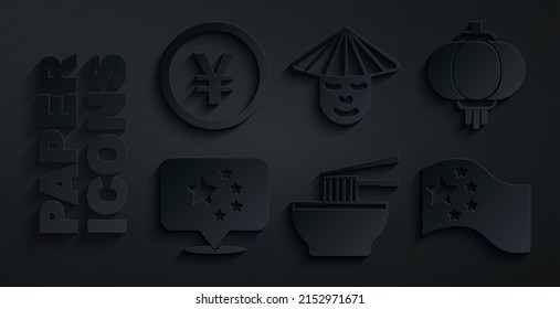 Set Asian noodles in bowl, Chinese paper lantern, China flag, man and Yuan currency icon. Vector