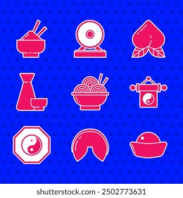 Set Asian noodles in bowl, Chinese fortune cookie, Sushi, Yin Yang, tea ceremony, Peach fruit and Rice with chopstick icon. Vector