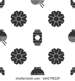 Set Asian noodles in bowl and chopsticks, Japanese paper lantern and Flower on seamless pattern. Vector
