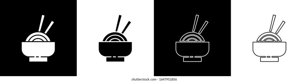 Set Asian noodles in bowl and chopsticks icon isolated on black and white background. Street fast food. Korean, Japanese, Chinese food.  Vector Illustration