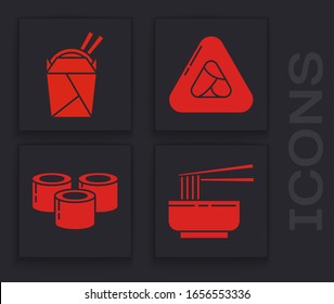 Set Asian noodles in bowl and chopsticks, Asian noodles in paper box and chopsticks, Sushi and Sushi icon. Vector