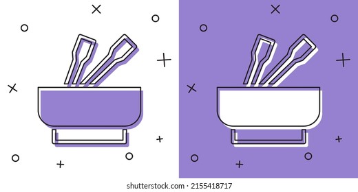 Set Asian noodles in bowl and chopsticks icon isolated on white and purple background. Street fast food. Korean, Japanese, Chinese food.  Vector