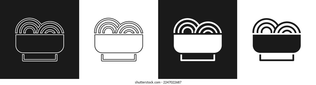Set Asian noodles in bowl and chopsticks icon isolated on black and white background. Street fast food. Korean, Japanese, Chinese food.  Vector
