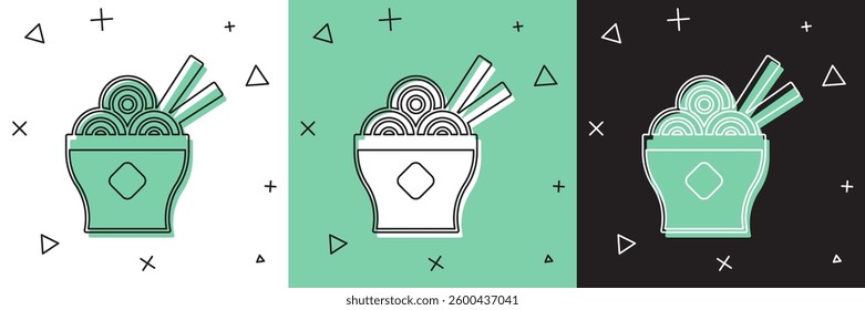 Set Asian noodles in bowl and chopsticks icon isolated on white and green, black background. Street fast food. Korean, Japanese, Chinese food.  Vector