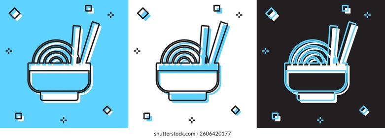 Set Asian noodles in bowl and chopsticks icon isolated on blue and white, black background. Street fast food. Korean, Japanese, Chinese food.  Vector