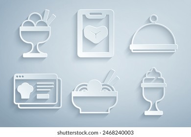 Set Asian noodles in bowl, Covered with tray, Online ordering and delivery, Ice cream, Restaurant cafe menu and  icon. Vector