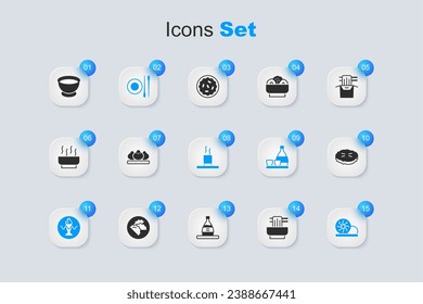 Set Asian noodles in bowl, Dumpling, Food chopsticks with plate, Served fish on, Xiao long bao, Homemade pie, Soy sauce and Cup of tea icon. Vector