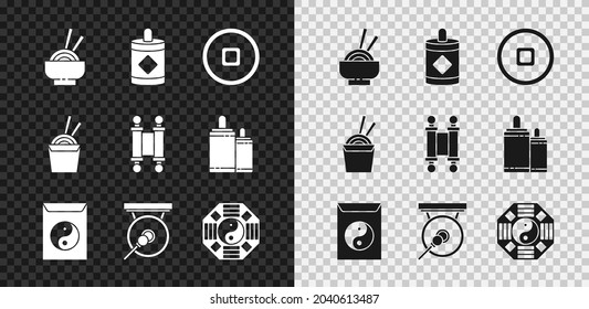 Set Asian noodles in bowl, Firework, Chinese Yuan currency, Yin Yang and envelope, Gong, paper box chopsticks and Decree, paper, parchment, scroll icon. Vector