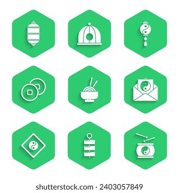 Set Asian noodles in bowl, Firework, Chinese drum, Yin Yang and envelope, Yuan currency,  and paper lantern icon. Vector