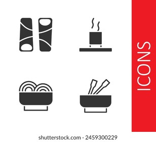 Set de fideos asiáticos en tazón, Guotie, y taza de té icono. Vector