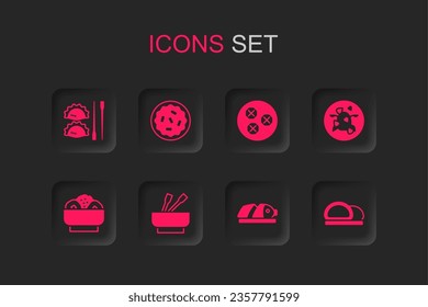 Set Asian noodles in bowl, Homemade pie, Dumpling with chopsticks, Fish sliced pieces, Kung Pao chicken, Sushi, Wonton and Chow mein plate icon. Vector