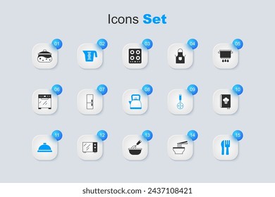 Set Asian noodles in bowl, Refrigerator, Measuring cup, Covered with tray of food, Crossed knife and fork, Cookbook, Cooking pot and Kettle handle icon. Vector