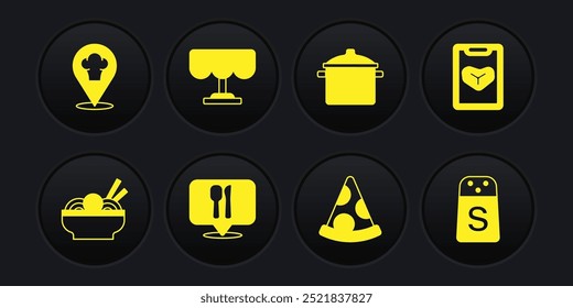 Set Asian noodles in bowl, Restaurant cafe menu, Cafe and restaurant location, Slice of pizza, Cooking pot, Wooden table, Salt and Chef hat with icon. Vector
