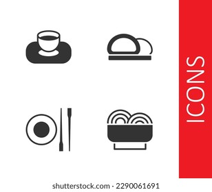 Set Asian noodles in bowl, Soy sauce, Food chopsticks with plate and Sushi icon. Vector